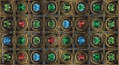 Ornate patterned grid of gems in gold settings on dark backdrop