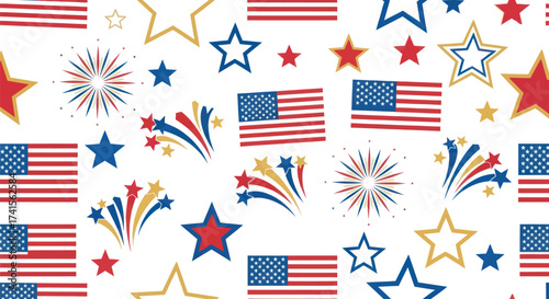 Patriotic repeat pattern featuring US flags, stars, and fireworks