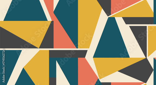 Abstract geometric art, teal, yellow, salmon, gray triangles