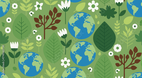 A green, flat, seamless pattern with earth globes, leaves, white flowers, and brown branches
