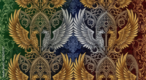 Ornate wallpaper golden, silver griffins flank arches on gradient green, blue, red backdrop
