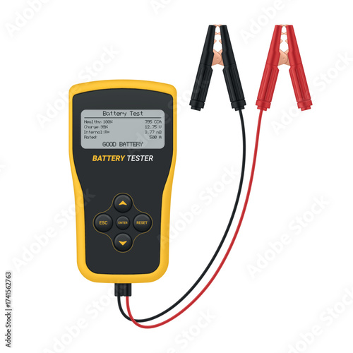 An illustration of a car battery tester that shows the battery s condition using clamps connected to the battery terminals for diagnosis.