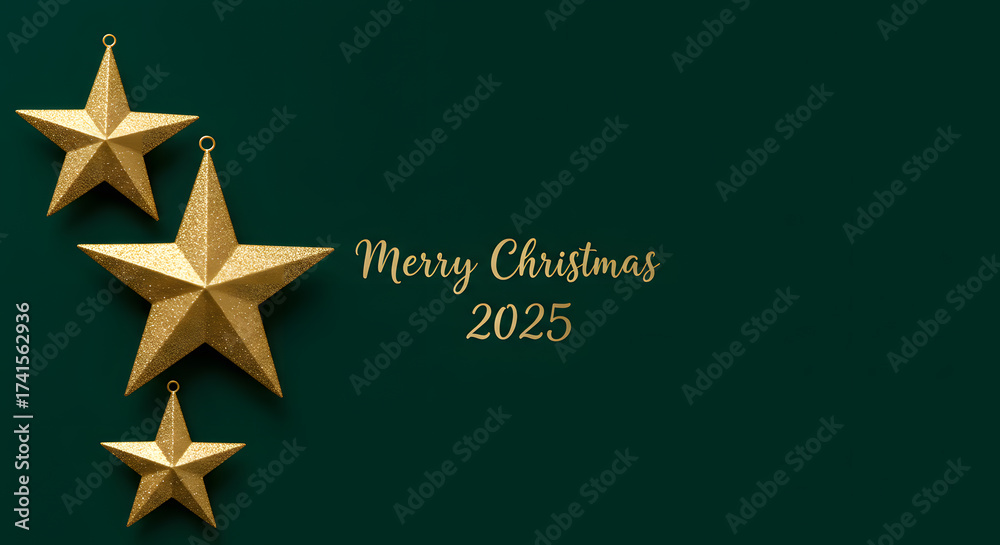 Fototapeta premium Merry Christmas Card with a Golden Star Decoration on a Dark Green Background for Celebration