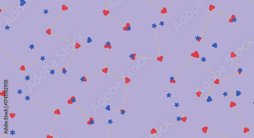 Lilac background with stars, hearts, and lines connecting shapes