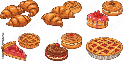 Delicious croissants, sweet pastries, assorted tarts, cherry pies, and cream-filled desserts on white background, bakery treats