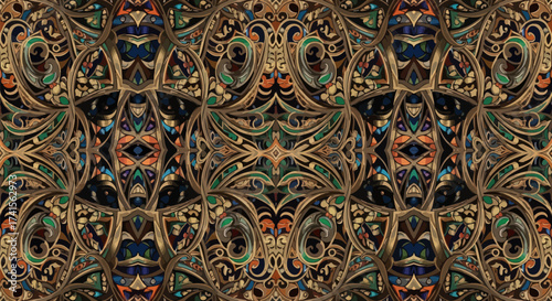 Ornate, colorful pattern with floral and geometric details
