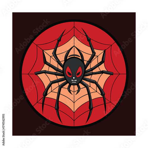 Creepy Spider Isolated on Circular Web with Dark Red Background