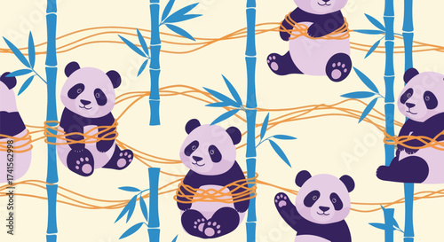 Seamless pattern of cartoon pandas and blue bamboo, bound in tan vines, on cream background