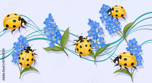 Yellow ladybugs and blue forget-me-nots, teal lines on light backdrop