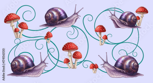 Snails & mushrooms with vine swirls on lavender background