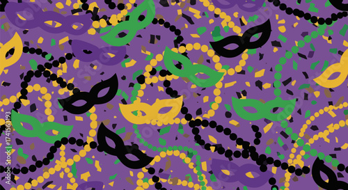 Mardi Gras Masks, beads, and confetti over purple