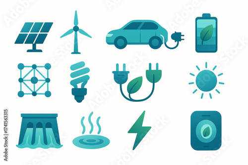 Clean energy innovation icons in tech style