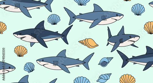 Shark & shell pattern on light green background
