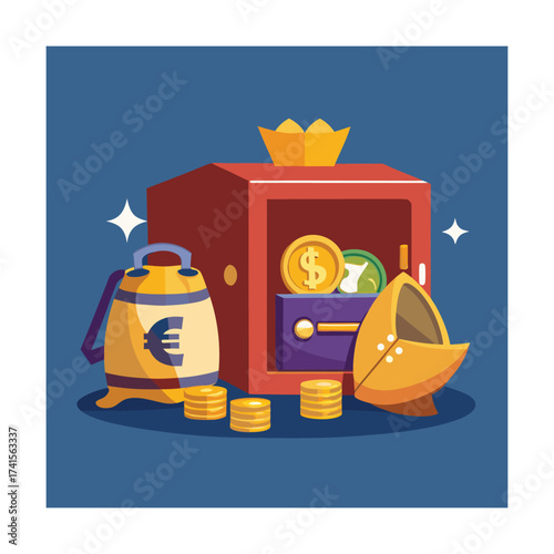 Cartoon Euro Bag Breaking Open Next to Full Safe