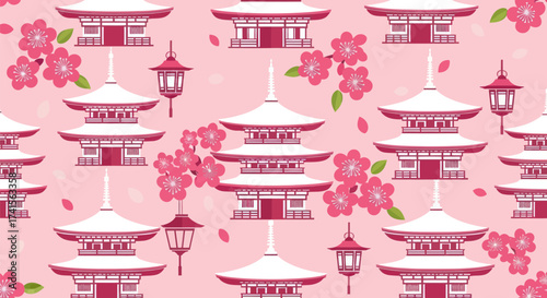 Pagodas, lanterns, and cherry blossoms on a pink background