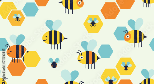 Cartoon bees and hexagons, seamless pattern on beige