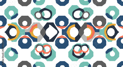 Geometric pattern with overlapping octagons, circles, and partial shapes in cool and warm tones