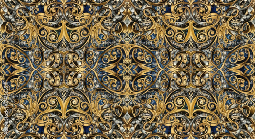 Ornate golden scrollwork against a mosaic of blue and silver tones