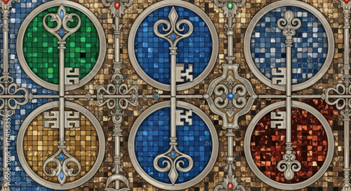 Ornate keys on stained glass mosaic
