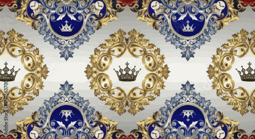 Decorative pattern with golden, blue, and grey floral swirls & crowns