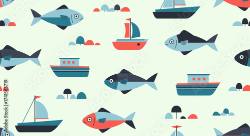 Pattern with stylized fish, boats, and small islands on a light background