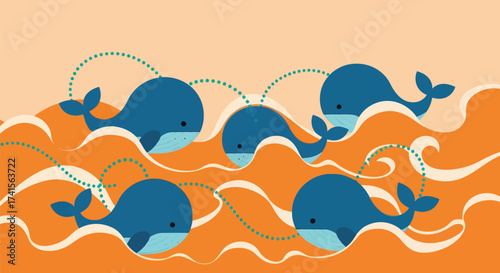 Cartoon whales leaping over orange waves