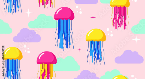 Colorful jellyfish and clouds pattern on pink. Cartoon, simple shapes