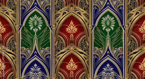 Ornate arches in red, green, blue with gold details & stylized floral motifs repeat on black