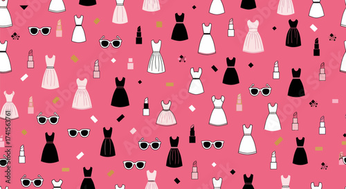 Dress, lipsticks, and sunglass pattern on pink background