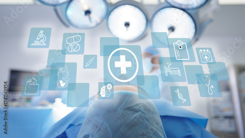 doctor working in hospital room, virtual medical records, used in smart hospital platforms, AI health checklist systems diagnostics and doctor working in hospital room,  doctor working on a computer