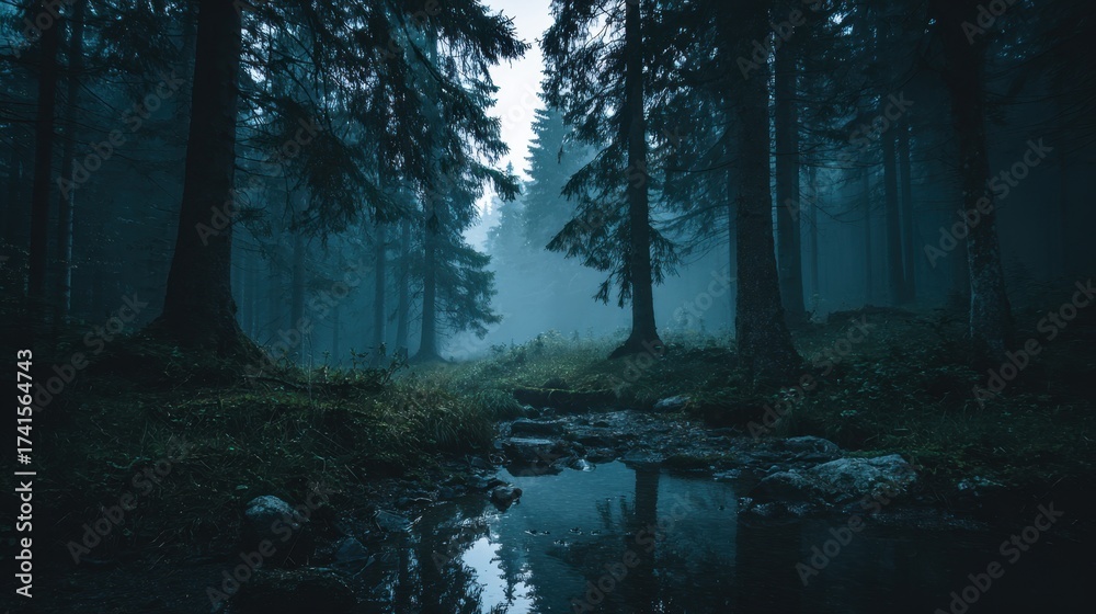 Fototapeta premium A forest at night with a stream running through it. The trees are tall and dark, and the water is calm. Scene is peaceful and serene, as if one were taking a walk through a quiet, natural setting