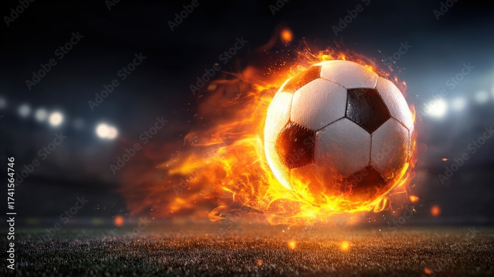 Fototapeta premium A soccer ball is on fire and is in the air. The image has a dramatic and intense mood