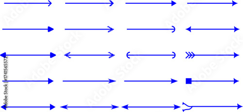 A collection of various blue arrow symbols displayed in a grid formation against a white background.