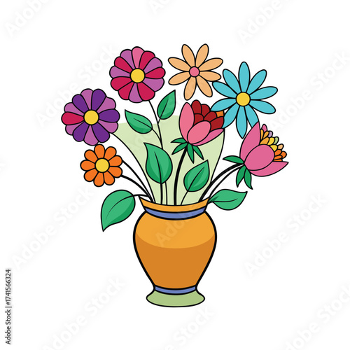 Cartoon Vase with Flowers Isolated on White Background