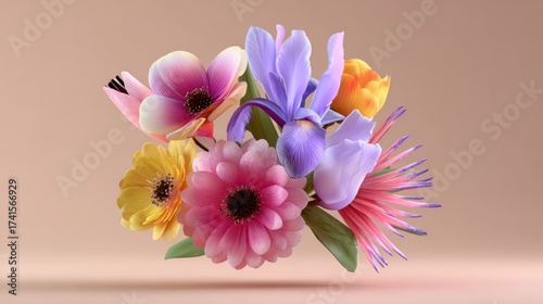Colorful bouquet of flowers is displayed on a light colored background. The flowers are arranged in a way that they appear to be floating in midair, giving the impression of a whimsical