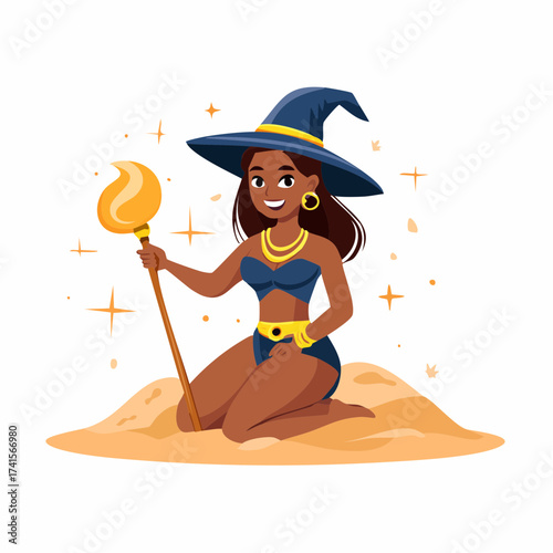 Witch with magic wand on sand dune