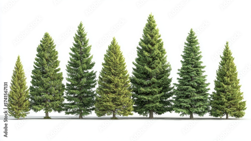 Obraz premium A row of trees with some of them being green and some of them being brown. The trees are lined up in a row and are all the same height