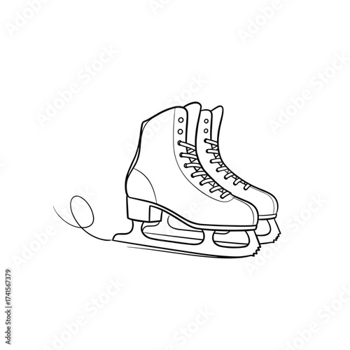 Ice skates sketched in minimalist line art style on white background  