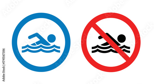 Swimming Allowed and No Swimming Signs – Safety, Beach, Pool, Prohibition Vector Icons