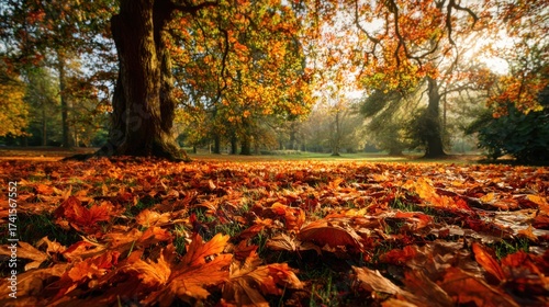 Wallpaper Mural Golden and red leaves cover the ground in a serene park setting. Tall trees stand proudly as sunlight filters through their limbs creating a peaceful atmosphere in the early morning. Torontodigital.ca