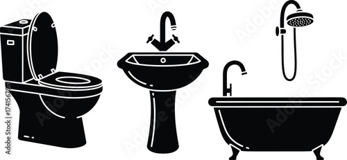 Bathroom convenience privies with sink bathtub, and water closet icons vector illustration 