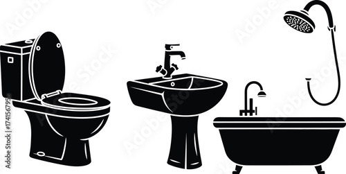 Bathroom convenience privies with sink bathtub, and water closet icons vector illustration 