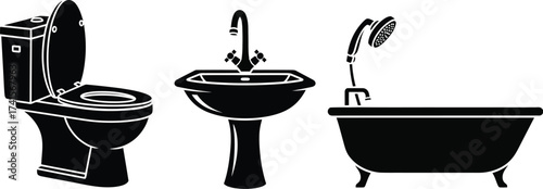 Bathroom convenience privies with sink bathtub, and water closet icons vector illustration 