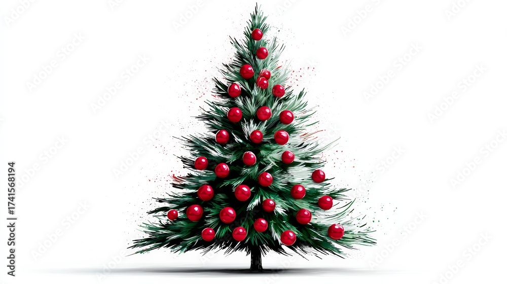 Obraz premium Christmas tree with red balls on it. The tree is the main focus of the image. The red balls are scattered all over the tree, making it look festive and lively. Concept of joy and celebration