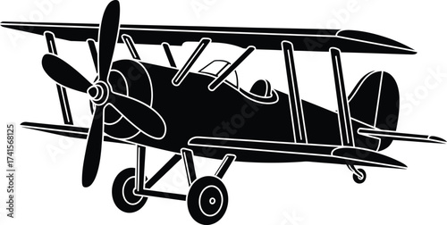 Vintage biplane, airplane propeller vector illustration silhouette