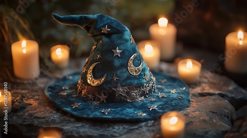 Magical wizard hat with candles and stars in mystical setting