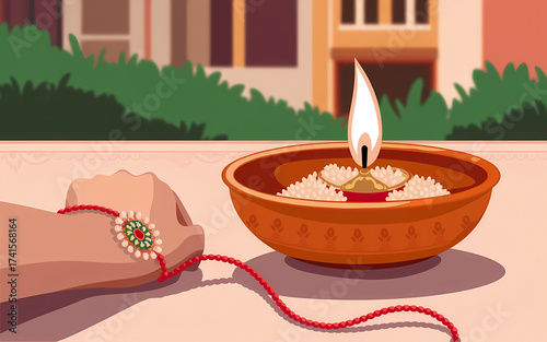 Happy Rakshabandhan poster template, Indian festival, abstract background with lighting diyas, graphic design illustration wallpaper