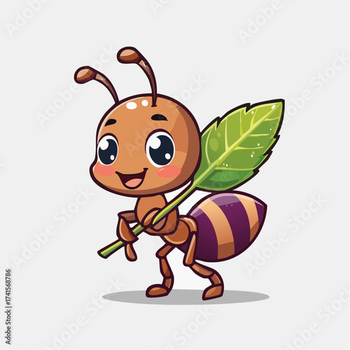 cute baby Ant carrying a leaf , bee cartoon character