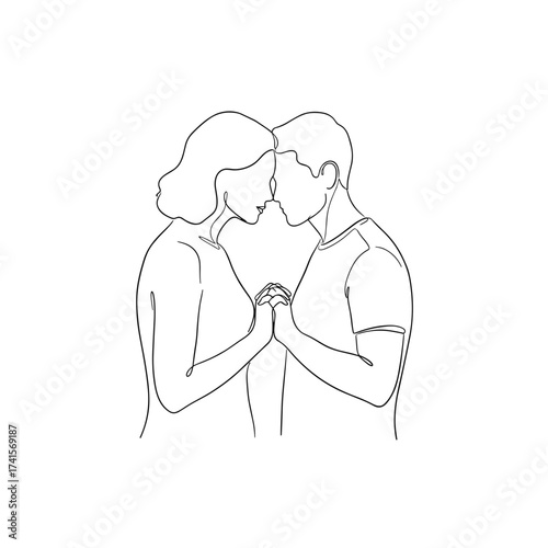 Line art couple touching foreheads and holding hands in love  