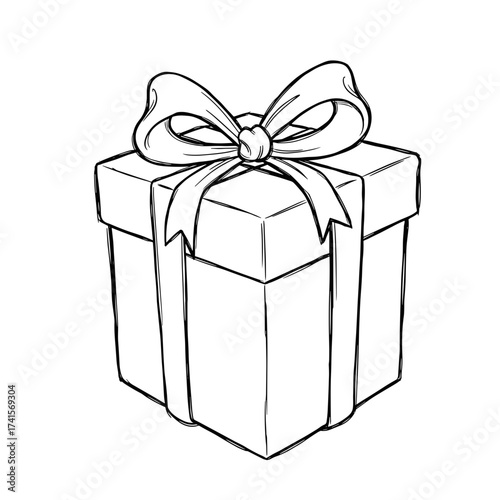 Gift box with ribbon in black and white outline style  